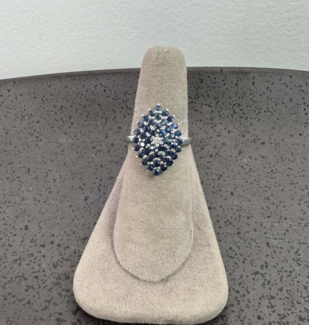 Unique White Gold 10K Blue Sapphire Pave Diamond Cocktail Statement Ring Sz 6.75